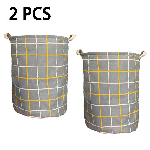 JinQiTian 2 Packs Thickened Laundry Hampers with Durable Handles, Drawstring Waterproof Round Cotton Linen, Freestanding Collapsible Storage Laundry Basket for Toy Clothing Collection 17”13”