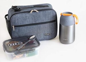 ivmet 3-piece lunch bag kit insulated bento lunch box food jar vacuum stainless steel thermos with spoon leak proof hot cold for kids adults school office picnic travel outdoors (grey, 24 oz / 730 ml)