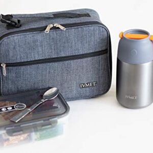 IVMET 3-Piece Lunch Bag Kit Insulated Bento Lunch Box Food Jar Vacuum Stainless Steel thermos with Spoon Leak Proof Hot Cold for Kids Adults School Office Picnic Travel Outdoors (Grey, 24 oz / 730 ml)