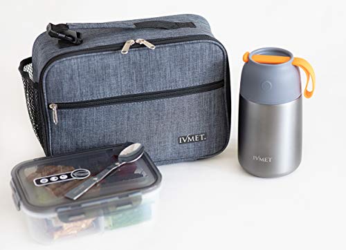 IVMET 3-Piece Lunch Bag Kit Insulated Bento Lunch Box Food Jar Vacuum Stainless Steel thermos with Spoon Leak Proof Hot Cold for Kids Adults School Office Picnic Travel Outdoors (Grey, 24 oz / 730 ml)