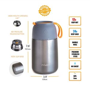 IVMET 3-Piece Lunch Bag Kit Insulated Bento Lunch Box Food Jar Vacuum Stainless Steel thermos with Spoon Leak Proof Hot Cold for Kids Adults School Office Picnic Travel Outdoors (Grey, 24 oz / 730 ml)