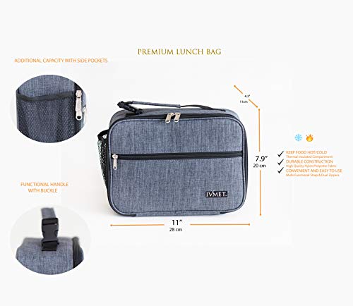 IVMET 3-Piece Lunch Bag Kit Insulated Bento Lunch Box Food Jar Vacuum Stainless Steel thermos with Spoon Leak Proof Hot Cold for Kids Adults School Office Picnic Travel Outdoors (Grey, 24 oz / 730 ml)