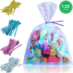 120 Pieces Iridescent Cellophane Bag Cellophane Treat Bags Iridescent Party Favor Bag Holographic Cellophane Bag with 200 Pieces Twist Ties for Party Wedding Birthday