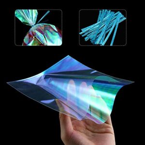 120 Pieces Iridescent Cellophane Bag Cellophane Treat Bags Iridescent Party Favor Bag Holographic Cellophane Bag with 200 Pieces Twist Ties for Party Wedding Birthday