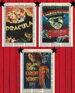 vintage horror movie posters set of (3) dracula frankenstein the mummy prints scary horror movie monster dictionary art prints 8x10(unframed)