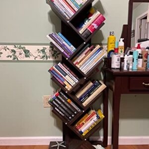 Tree Bookshelf, 9 Shelf Floor Standing Tree Bookcase with Wall Anchor, Retro Vertical Bookshelves for Living Room Bedroom Office, Book Organizer Tower Shelf Rack Stand for Books, CDs, Magazines