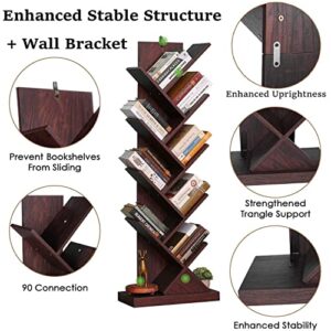 Tree Bookshelf, 9 Shelf Floor Standing Tree Bookcase with Wall Anchor, Retro Vertical Bookshelves for Living Room Bedroom Office, Book Organizer Tower Shelf Rack Stand for Books, CDs, Magazines