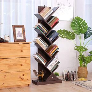 Tree Bookshelf, 9 Shelf Floor Standing Tree Bookcase with Wall Anchor, Retro Vertical Bookshelves for Living Room Bedroom Office, Book Organizer Tower Shelf Rack Stand for Books, CDs, Magazines