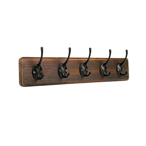 PHINGEER Rustic Wall Mounted Coat Hook Rack Heavy Duty Wodden Entryway Hanging Coat Rack with 5 Decorative Hooks for Entryway Mudroom Kitchen Bathroom Living Room Foyer Hallway (brown-1pack, 5 Hooks)