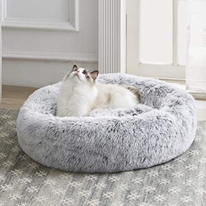 western home faux fur dog bed & cat bed, original calming dog bed for small medium large pets, anti anxiety donut cuddler round warm washable cat bed for indoor cats(20", light grey)