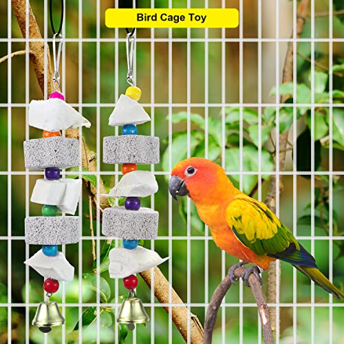 Litewoo Parrot Bird Chew Toys 2-Pcs, Bird Beak Trim Cuttlebone Calcium Stone Lava Block Chew Toy with Bell for Parakeet Conure Lovebird Cockatiel Finch Budgie Parrots