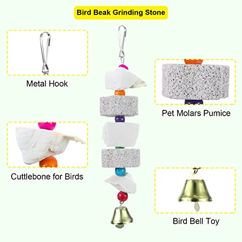 Litewoo Parrot Bird Chew Toys 2-Pcs, Bird Beak Trim Cuttlebone Calcium Stone Lava Block Chew Toy with Bell for Parakeet Conure Lovebird Cockatiel Finch Budgie Parrots