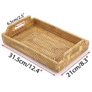 Hipiwe Rattan Serving Tray with Handles - Hand-Woven Decorative Tray for Storage Breakfast, Drinks, Snack,Rectangular Basket Organizer Tray for Coffee Table, Home Decor (Small)