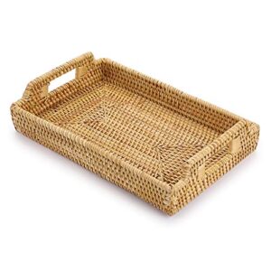 hipiwe rattan serving tray with handles - hand-woven decorative tray for storage breakfast, drinks, snack,rectangular basket organizer tray for coffee table, home decor (small)