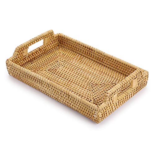 Hipiwe Rattan Serving Tray with Handles - Hand-Woven Decorative Tray for Storage Breakfast, Drinks, Snack,Rectangular Basket Organizer Tray for Coffee Table, Home Decor (Small)