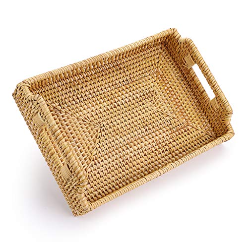 Hipiwe Rattan Serving Tray with Handles - Hand-Woven Decorative Tray for Storage Breakfast, Drinks, Snack,Rectangular Basket Organizer Tray for Coffee Table, Home Decor (Small)