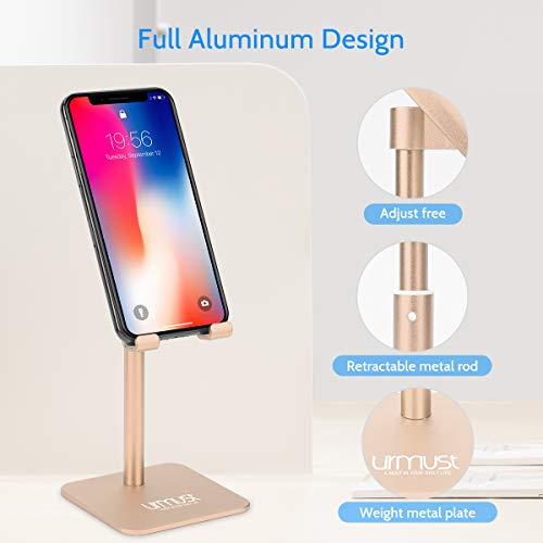 Urmust Cell Phone Stand Height Angle Adjustable Phone Stand for Desk Phone Holder for Office Compatible with iPhone 14 13 12 11 Pro Max X Xr 8 Plus 7 6 (Gold)