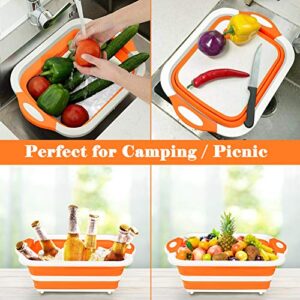 Rottogoon Collapsible Cutting Board, Foldable Chopping Board with Colander, Multifunctional Kitchen Vegetable Washing Basket Silicone Dish Tub for BBQ Prep/Picnic/Camping(Orange)