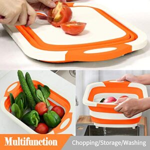 Rottogoon Collapsible Cutting Board, Foldable Chopping Board with Colander, Multifunctional Kitchen Vegetable Washing Basket Silicone Dish Tub for BBQ Prep/Picnic/Camping(Orange)