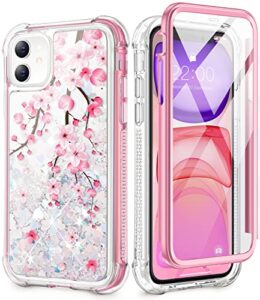caka case for iphone 11 glitter case flower bling liquid protective full body heavy duty with built in screen protector love glitter pink blossom for women girl case for iphone 11 (6.1 inch)(cherry)