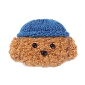 cute soft handmade knitted fur fluffy brown teddy dog doggie animal plush case for airpods pro cartoon headphones cover brown with blue hat