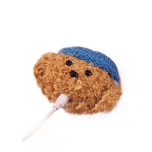Cute Soft Handmade Knitted Fur Fluffy Brown Teddy Dog Doggie Animal Plush Case for Airpods Pro Cartoon Headphones Cover Brown with Blue Hat