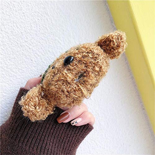 Cute Soft Handmade Knitted Fur Fluffy Brown Teddy Dog Doggie Animal Plush Case for Airpods Pro Cartoon Headphones Cover Brown with Blue Hat