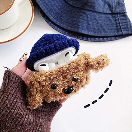 Cute Soft Handmade Knitted Fur Fluffy Brown Teddy Dog Doggie Animal Plush Case for Airpods Pro Cartoon Headphones Cover Brown with Blue Hat
