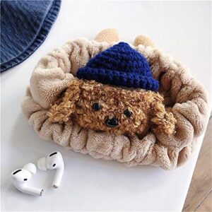 Cute Soft Handmade Knitted Fur Fluffy Brown Teddy Dog Doggie Animal Plush Case for Airpods Pro Cartoon Headphones Cover Brown with Blue Hat