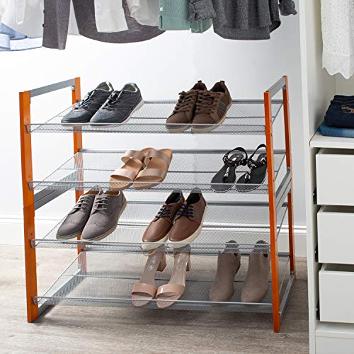 Organize It All Stackable Shoe Storage Rack | Dimensions: 12.75 x 35.25 x 33.46 inches | 4 Shelves | Holds 16 Pairs | Freestanding | Space Saver | Durable | Home Organization | Grey