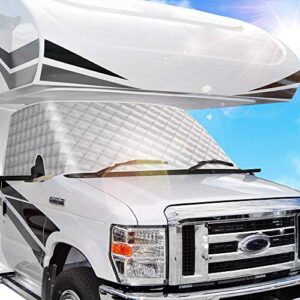bougerv rv windshield window snow cover for class c ford e450 1997-2023 motorhome windshield cover snow cover for rv front window sunshade cover rv accessories 4 layers with mirror cutouts silver