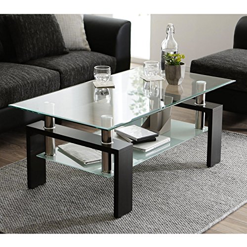 Depointer Life Glass Coffee Table, Rectangle Modern Side Coffee Table with Lower Shelf, Perfect for Living Room Conversation Leisure Occasions, Metal Leg, Black