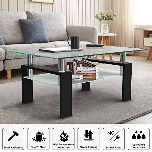 Depointer Life Glass Coffee Table, Rectangle Modern Side Coffee Table with Lower Shelf, Perfect for Living Room Conversation Leisure Occasions, Metal Leg, Black