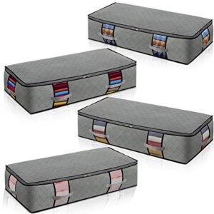 lesteco extra-large under bed storage foldable container [4-pack] underbed storage bins with strong handle and metal zipper clear window thick fabric grey color