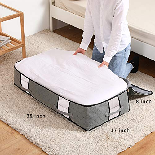 Lesteco Extra-Large Under Bed Storage Foldable Container [4-pack] Underbed Storage Bins with Strong Handle and Metal Zipper Clear Window Thick Fabric Grey Color