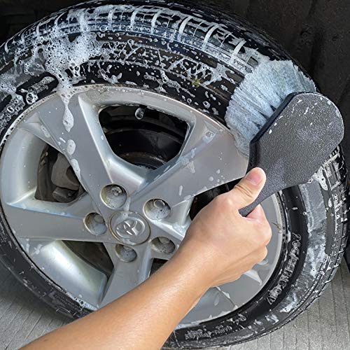 LUCKLYJONE Wheel & Tire Brush for Car Rim, Soft Bristle Car Wash Brush, Cleans Tires & Releases Dirt and Road Grime, Short Handle for Easy Scrubbing Black