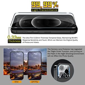 QHOHQ 3 Pack Screen Protector for iPhone 12 Pro 6.1 Inch with 2 Pack Tempered Glass Camera Lens Protector, Ultra HD, 9H Hardness, Scratch Resistant, Easy Install - case Friendly