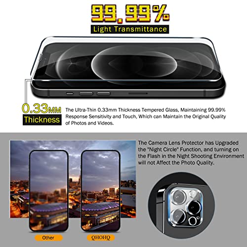 QHOHQ 3 Pack Screen Protector for iPhone 12 Pro 6.1 Inch with 2 Pack Tempered Glass Camera Lens Protector, Ultra HD, 9H Hardness, Scratch Resistant, Easy Install - case Friendly