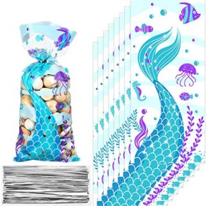 100 pieces mermaid party favors bags birthday party treat bags cellophane clear mermaid tail theme cookie candy goodie bags with 100 silver twist ties for under the mermaid sea birthday supplies