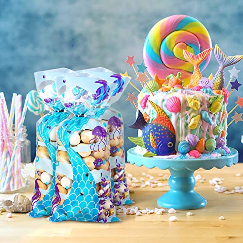 100 Pieces Mermaid Party Favors Bags Birthday Party Treat Bags Cellophane Clear Mermaid Tail Theme Cookie Candy Goodie Bags with 100 Silver Twist Ties for Under the Mermaid Sea Birthday Supplies
