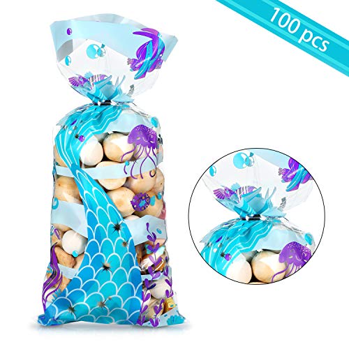 100 Pieces Mermaid Party Favors Bags Birthday Party Treat Bags Cellophane Clear Mermaid Tail Theme Cookie Candy Goodie Bags with 100 Silver Twist Ties for Under the Mermaid Sea Birthday Supplies