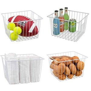 Freezer Organizer Bin, Kitchen Metal Wire Storage Basket, Pantry Cupboard Household Container Divider with Handles, Bathroom, Closet, Bedroom, Office, Rustproof - White（4）