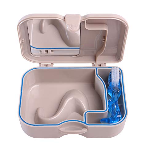 Denture Box Case Bath Container and Brush with Mirror False Teeth Storage Box for Travel Daily Denture Care