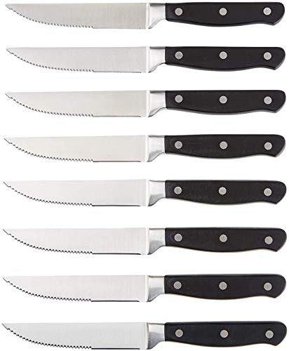 Amazon Basics Premium 8-Piece Kitchen Steak Knife Set, Black & Stainless Steel Dinner Spoons with Round Edge, Pack of 12