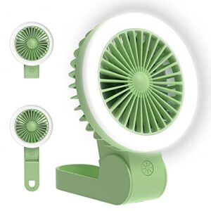mini handheld fan with led light, adjustable usb rechargeable small portable personal fan foldable stroller desk table fan for kids girls woman home office outdoor travel (green)