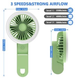 Mini Handheld Fan with LED Light, Adjustable USB Rechargeable Small Portable Personal Fan Foldable Stroller Desk Table Fan for Kids Girls Woman Home Office Outdoor Travel (Green)