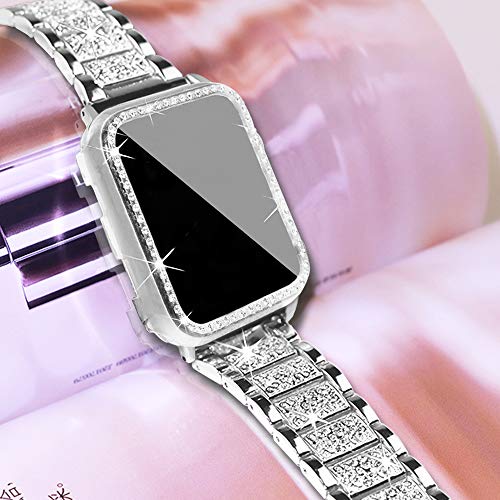 Mosonio Compatible with Apple Watch Band 44mm with Case Women, Jewelry Replacement Metal Wristband Strap with 2 Pack Bling PC Protective Cover for iWatch Series 6/5/4(Silver)