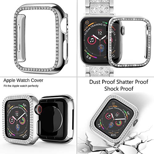 Mosonio Compatible with Apple Watch Band 44mm with Case Women, Jewelry Replacement Metal Wristband Strap with 2 Pack Bling PC Protective Cover for iWatch Series 6/5/4(Silver)