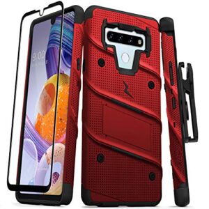 zizo bolt series for lg stylo 6 case with screen protector kickstand holster lanyard - red & black