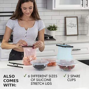 Reusable Silicone Bags for Food Storage - 3 x 1.5L (51oz) Silicone Food Storage Bags + 6 Stretch Lids Bowl Covers to Lock in Freshness + 2 Bonus Sealer Clips - Freezer, Microwave & Dishwasher Safe